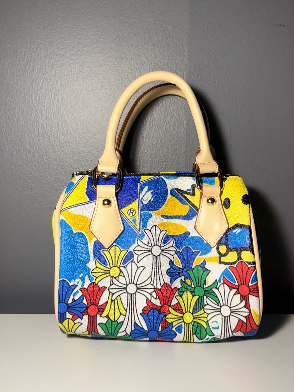 Inspired Floral Pop-Print Handbag with Cream Top Handles